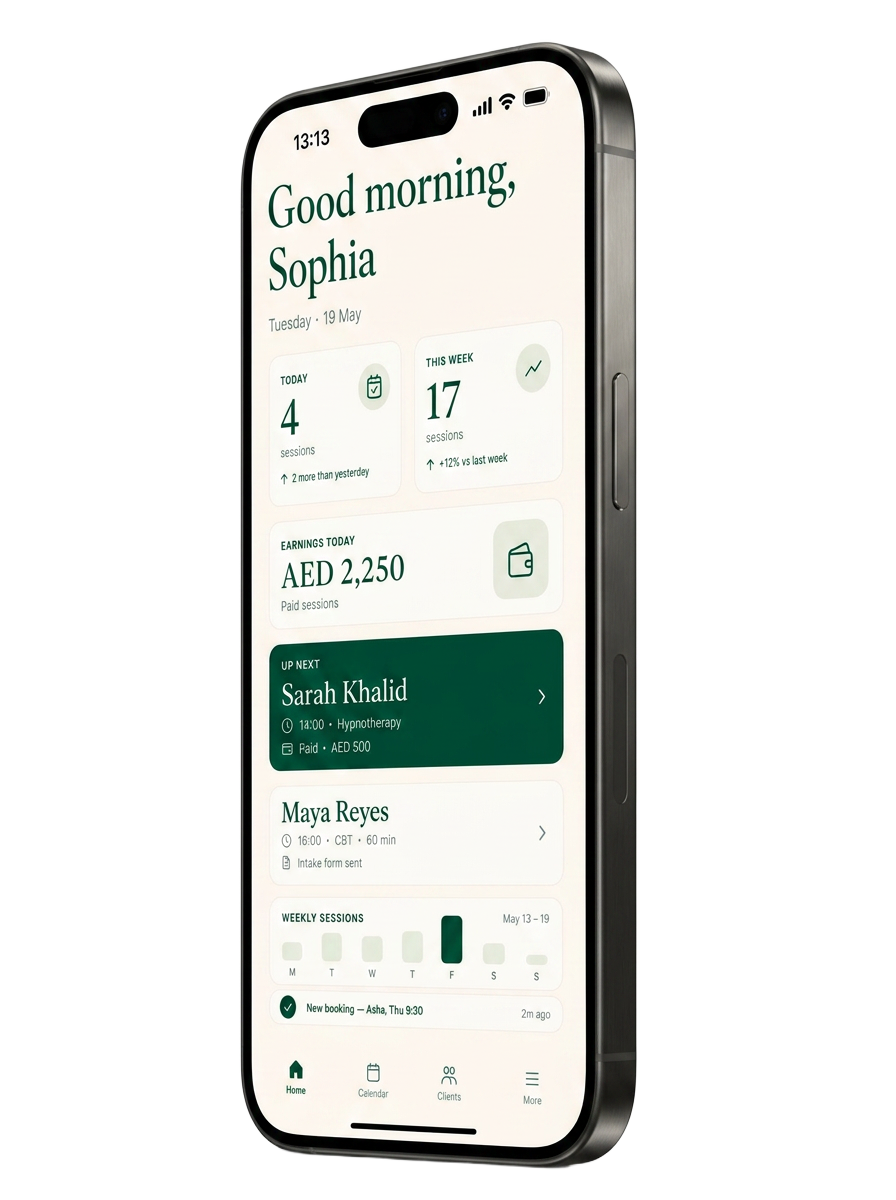iheal pro app on iPhone - Sophia's dashboard with sessions, earnings and weekly view